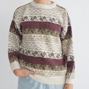 Vintage Country Girl Cream Fair Isle Nordic Floral Stripe Knit Sweater L